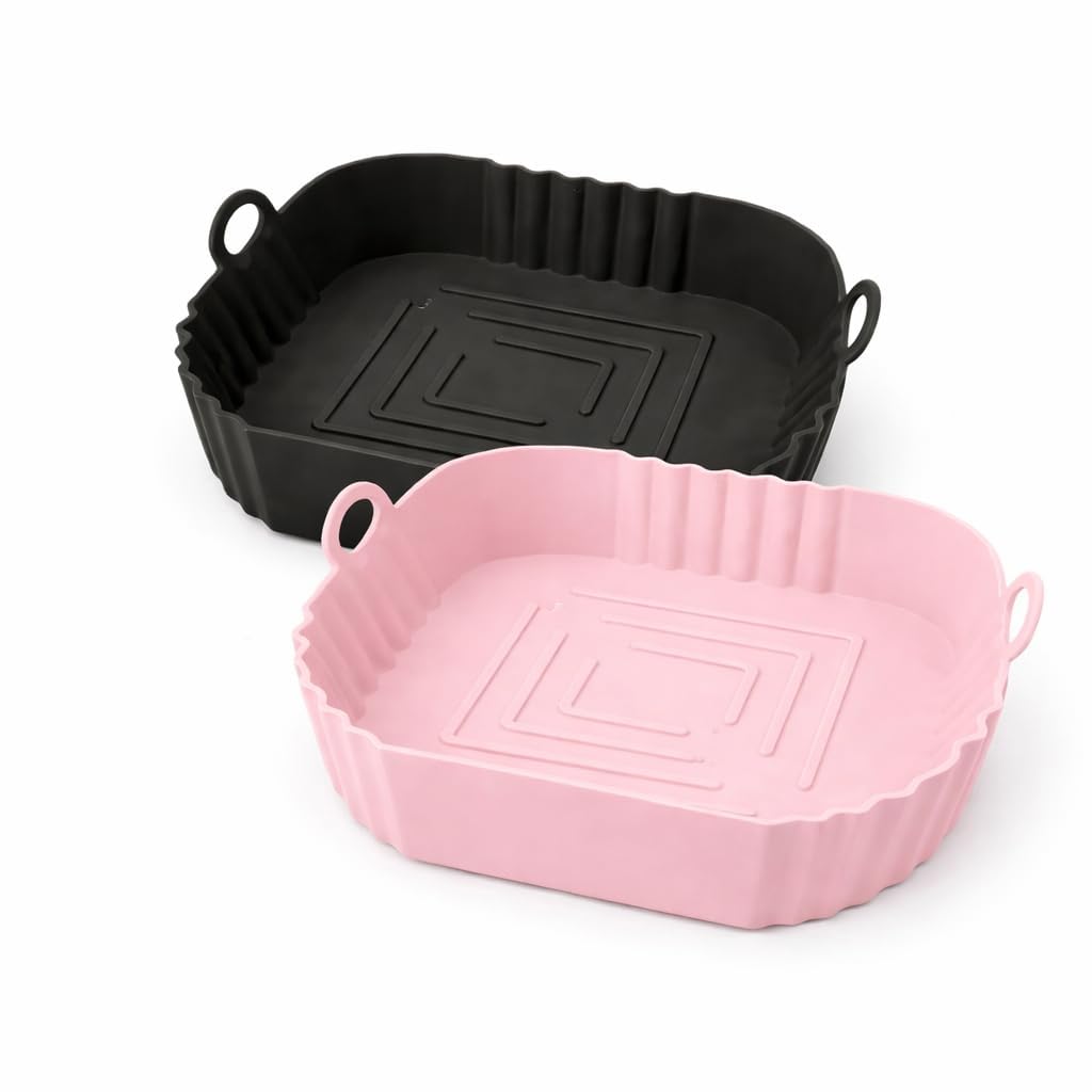 E-COSMOS® Square Silicone Air Fryer Liners (Set of 2), 8-Inch Reusable Nonstick Baking Trays with Handles,Heat Resistant Air Fryer Oven Accessories, Multicolor