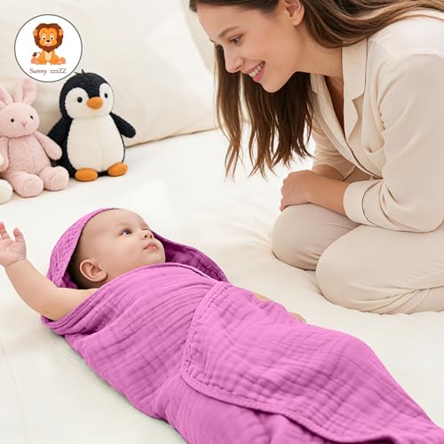 Image of Sunny zzzZZ Muslin Hooded Baby Bath Towels - 3 Pack 100% Cotton Soft Low-Saturation Pastel Towels Including Classic White for Newborns, Infants, Toddlers - 32x32 Inch - Deep Sakura and White