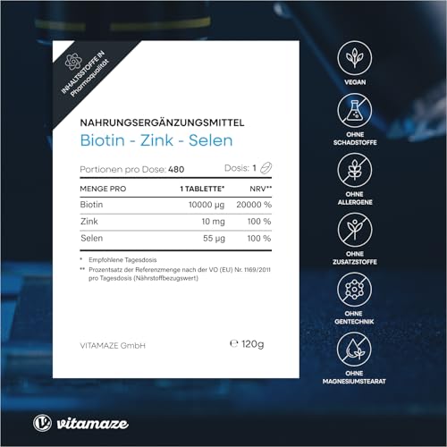 Biotin hochdosiert 10.000 mcg + Selen + Zink für Haarwuchs, Haut & Nägel, 480 vegane Tabletten für 480 Tage, Nahrungsergänzung ohne Zusatzstoffe, Made in Germany