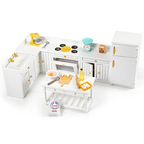 Keldoner Wooden Dollhouse Furniture 1 12 Scale, Doll House Furniture Toys for Dollhouse Kitchen Incl Cabinets Kitchen Island Refrigerator Stand Nixer, Miniture House Furniture and Accessories