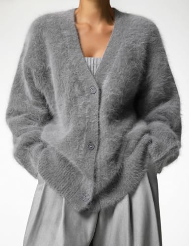 Image of Arssm Womens Fuzzy Cardigan Sweater V Neck Sweaters Fluffy Top