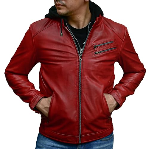 Image of Jild Hooded 2.0 Leather Jacket Men - Genuine Lambskin Leather Bomber Jacket with Removable Hood for Mens Fashion