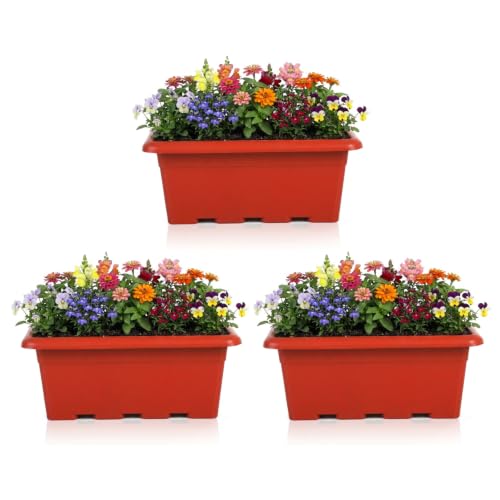 Image of Bonkaso 24 Inch Rectangular Planter, Set of 3 |UV Resistant Plastic Flower Pot for Balcony Railing, Window Sill & Terrace Garden | Rectangular Indoor & Outdoor Plant Pot, Terra Red
