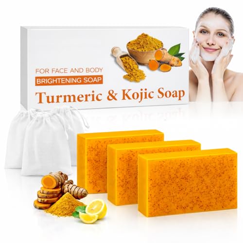 Lot de 3 Savon Curcuma Visage et Corps avec 3 Filets Moussants - Kojic Acid Soap - Savon à l'Acide Kojique Éclaircissant Anti-Taches Brunes, Acné,...