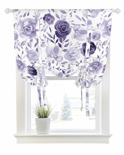 Tie Up Curtains for Windows Retro Purple Rose Flowers Rod Pocket Tie-Up Window Shade Adjustable Balloon Curtain Valance Classic Country Floral for Bedroom Kitchen Bathroom Blinds,52x45in