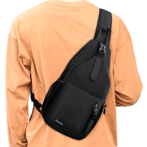 Peicees Sling Bag Crossbody Backpack For Men Women Hiking Waterproof Travel Shoulder Bags For Man Daypack Lightweight (Black)