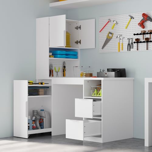WOODTIME Sewing Craft Table with Rolling Cabinet & Pegboard, Large Storage Capacity Corner Sewing Cabinet Workstation with Drawers & Shelves for Home & Studio, White, 23.7