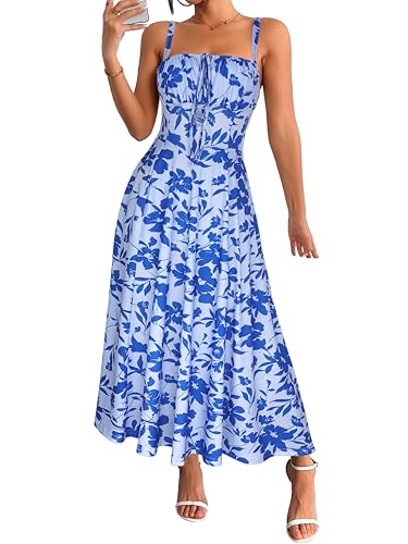 Image of YATHON Women's Summer Midi Corset Boho Dresses Spring Casual Floral Spaghetti Straps Lace Up Dress Flowy Aline Beach Sundress
