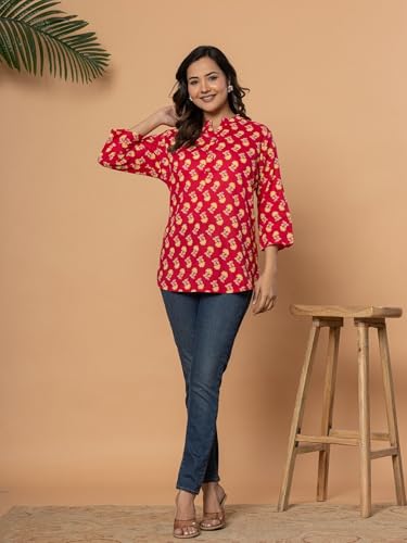 Image of Women's Cotton Printed Kurta Top | 3 /4 Sleeve Straight Kurti Casual Outings
