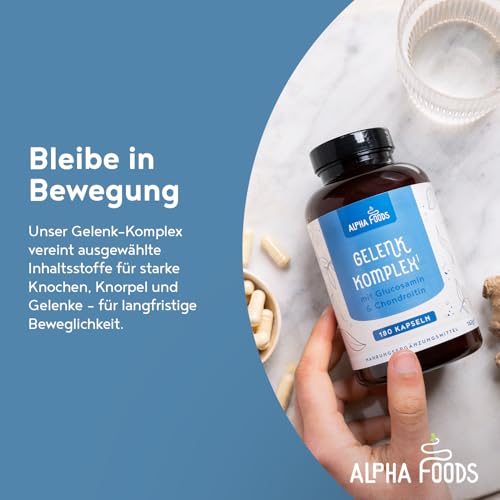 Glucosamin Gelenk-Komplex mit Chondroitin, Vitamin C, Kurkuma & Ingwer | 180 Kapseln | Hochdosiert | Gelenke & Knorpel | Made in Germany | Alpha Foods