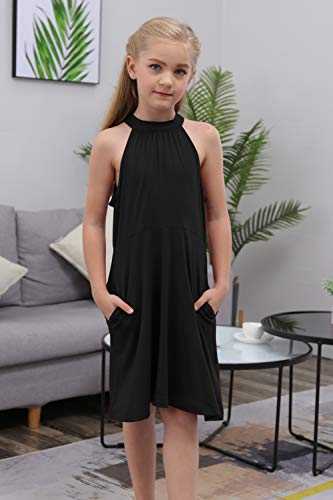 Gorlya Girl's Halter Neck Cold Shoulder Sleeveless Summer Casual Sundress A-Line Dress With Pockets For 4-12 Years (Gor1013, 11-12Y, Black) #TOP3