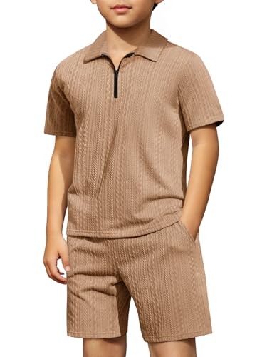Haloumoning Boys 2 Piece Summer Outfits Kids Quarter Zip Polo Shirt and Shorts Set Athletic Tracksuit 5-14 Years