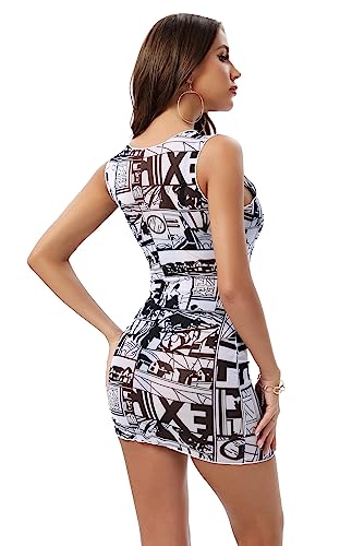 Image of ABMOIU Sexy Mini Print Mesh Dress for Women, See Through Sleeveless Stretchy Bodycon Short Summer Dresses