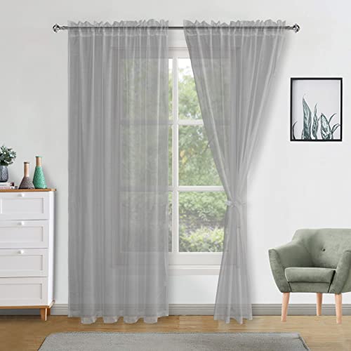 DWCN Grey Voile Curtains 90 Drop Pair Slot Top Window Net Curtain Light Filtering Semi Transparent Elegant Soft Sheer Curtains with Tiebacks for Living Room/Bedroom/Kitchen,56 Inch Wide,2 Panels