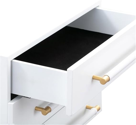 MAKLAINE 22 H Modern Nightstand, Acacia Wood and MDF Construction, White/Gold Finish, Soft-Close Drawers, Vegan-Leather Handles, Brass Accents, Stylish Bedroom Storage Furniture