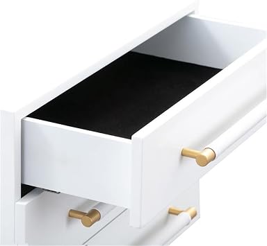 MAKLAINE 22 H Modern Nightstand, Acacia Wood and MDF Construction, White/Gold Finish, Soft-Close Drawers, Vegan-Leather Handles, Brass Accents, Stylish Bedroom Storage Furniture