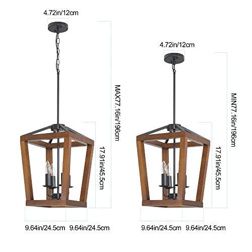 Oak Wood Lantern Chandelier Light Farmhouse Entry Light Rustic Pendant Light, 4-Light Brown Hanging Light For Dining Room Kitchen Entryway, H18Inch X W12Inch #TOP5