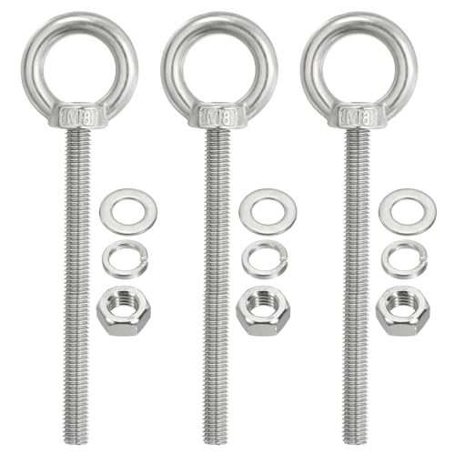 Image of PATIKIL M8 x 120mm Lifting Shoulder Eye Bolt, 3Pcs 304 Stainless Steel Lifting Ring Threaded Eyebolt with Nuts Washers for Hanging Hammocks Articles