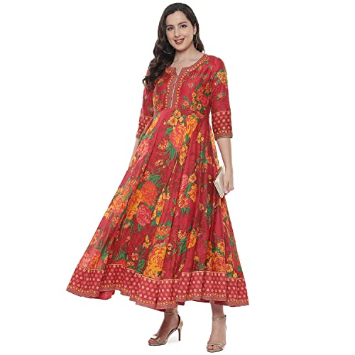 Image of BIBA Women's Fit and Flare Cotton Flared Fusion Printed Below The Knee Dress
