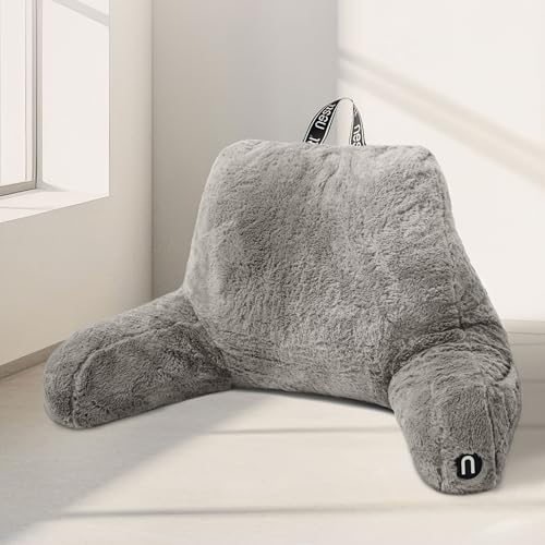 Nestl Fur Reading Pillow with Shredded Memory Foam Stylish Back Pillow for Bed Sitting Up Faux Fur Reading Pillows for Sitting in Bed Adult & Kids Sit Up Back Support Pillow with Arms - Dark Grey