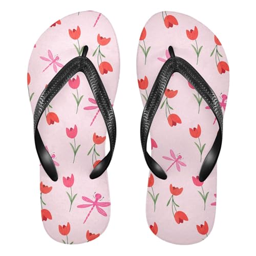 Tulips Dragonfly Floral Pink Flip Flops for Beach Thong Sandals Anti-slip Lightweight Beach Shoes for Indoor Outdoor House