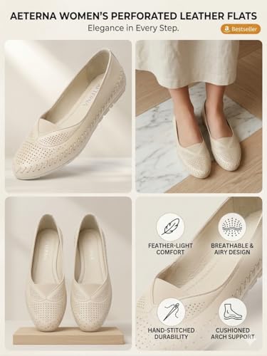 Image of Duosoft Comfort Walk Women's Perforated Leather Flats, Tan, Hand-Stitched, Breathable & Lightweight, Cushioned Insole, Flexible Sole