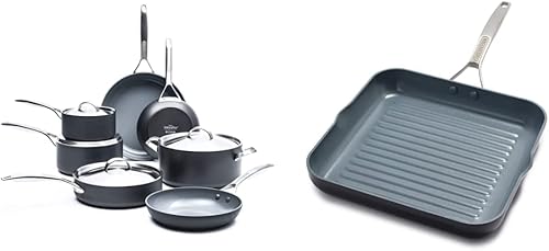Miniatura 1 de GreenPan Paris Pro - Juego de ollas y sartenes de cerámica anodizada y saludable, antiadherente, 11 piezas, color gris y Paris Pro de cerámica