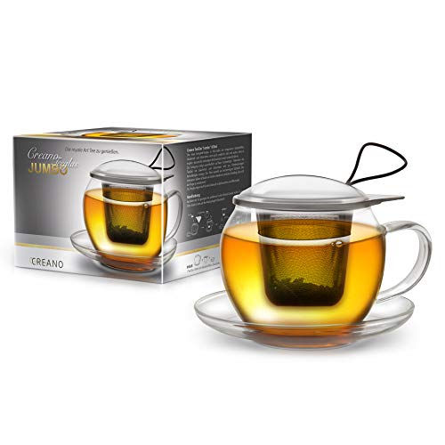 Creano Taza de té Jumbo con asa y colador de acero inoxidable integrado, tapa de cristal y platillo | 450ml Transparente… - Imagen 6
