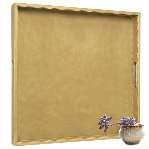 30x30 inches Leather Ottoman Serving Tray with Hole Handles, Square