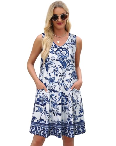 Image of elescat Womens Summer Dresses Casual V Neck Sleeveless Pockets Beach Loose Tank Sundress 2026