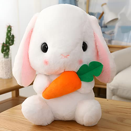 Houpu Soft Toy - Sitting Lop Eared Rabbit, Easter White Rabbit Stuffed Bunny Animal With Carrot Soft Lovely Realistic Long-Eared Standing Pink Plush Toys (White-Carrot,8.6In/22Cm) #TOP2