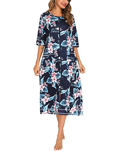 Image of Veseacky Women Robe Zipper Front House Coat 3 /4 Sleeve Nightgown Full Length Ladies Lounge Dress with Pockets S-XXL
