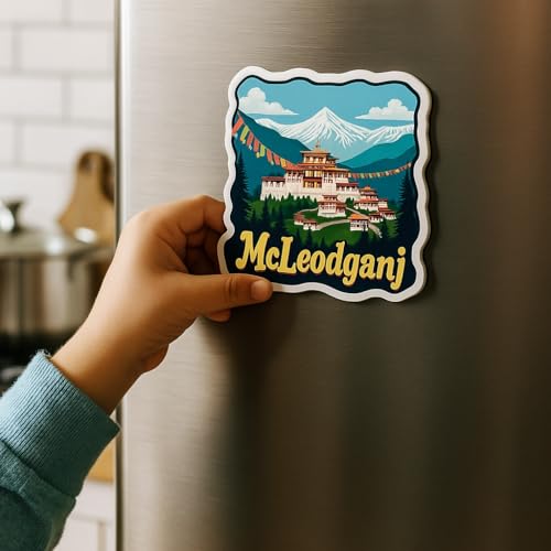 Image of Naxon McLeod Ganj Souvenir Wooden Fridge Magnet - 3x3 Inch Refrigerator Magnet for Kitchen & Home Decor | Himachal Pradesh Travel Collectible | Tibetan Monastery & Mountain View Design | Pack of 1