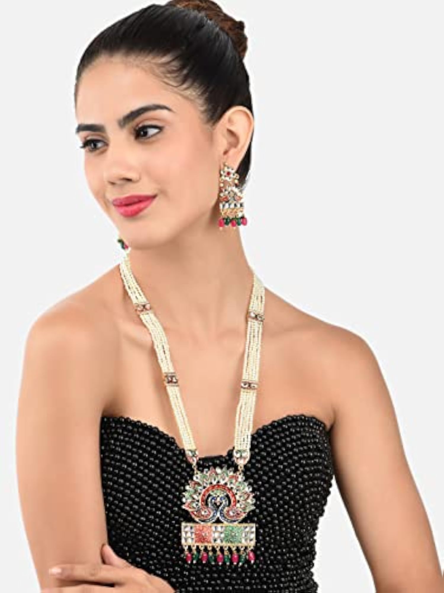 Women's Peacock Inspired Meenakari Long Necklace & Earring Set