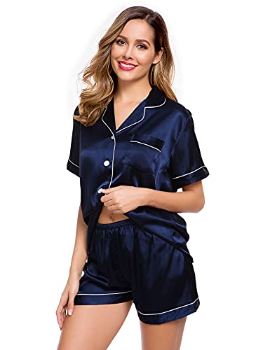 Image of LecGee Womens Silk Satin Pajamas Short Sleeve Loungewear Two-Piece Sleepwear Button-Down Pj Set