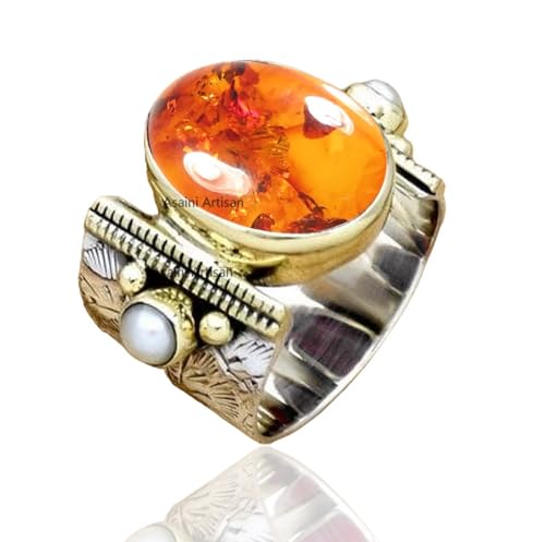 10x14 MM Oval Gemstone Solid 925 Sterling Silver Two Color 15MM Wide Band Ring with Tiny Freshwater Pearl Accents for Women Gift