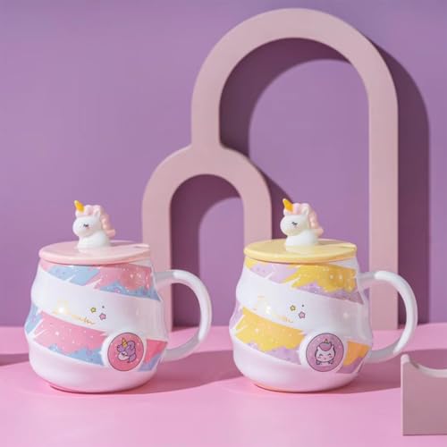 Image of Spooky Unicorn Ceramic Mug with Lid and Spoon - 400ml Cartoon Coffee Cup for Kids, Girls & Women - Gift for Birthday, Office, Christmas, Valentine's Day - Ins-Style Animal Tea Mug (Yellow)