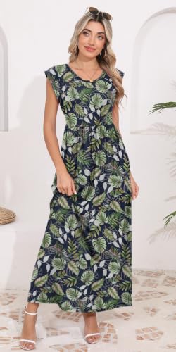 Image of DB MOON Womens 2026 Maxi Dresses Empire Waist Long Summer Dress Casual Cap Short Sleeve Sundress with Pockets