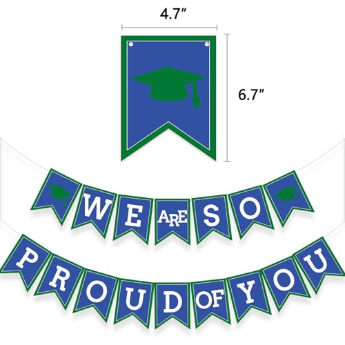 Image of Blue Green We Are So Proud Of You Banner Congrats Grad Cap Bunting Flag Grad Party Decoration Idea