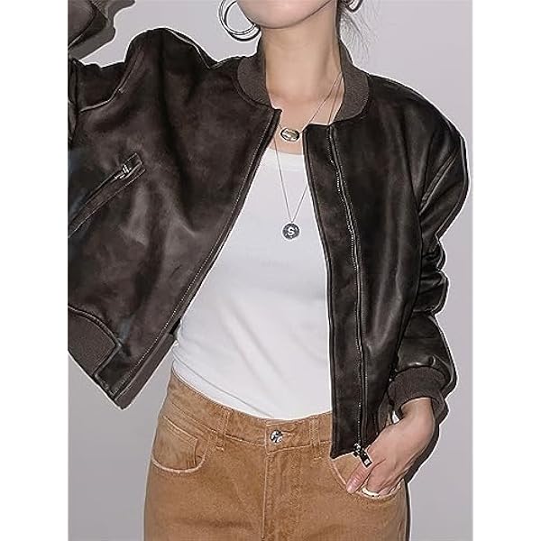 Adhdyuud Vrouwen Casual Faux Lederen Jas Herfst Vintage O-hals Rits Pu Korte Jas Moto Biker Uitloper