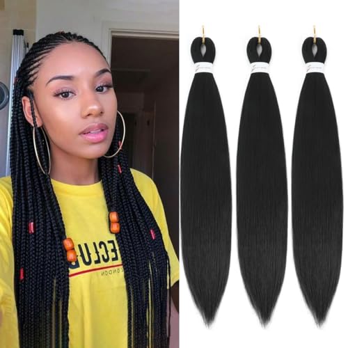 Alremyssy Black Braiding Hair Pre Stretched 30 Inches EZ Braiding Hair Yaki Texture 8 Packs/Lot Braid Hot Water Setting Professional Synthetic Braiding Hair Extensions (3pcs 30 #1B)
