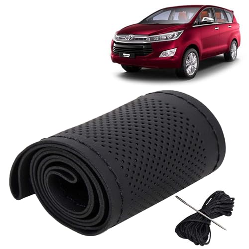 Image of KINGSWAY PU Leatherite Car Steering Cover Sewable Compatible with Toyota Innova Crysta (Year 2015-2021), Black Color with Black Thread, Pack of 1 with Sewing Needle and Thread