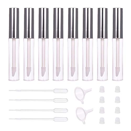 BENECREAT 5ML Mini Empty Lip Gloss Tubes with Rubber Inserts and Silver Cap Wands, Plastic Funnels and Droppers, 8Packs