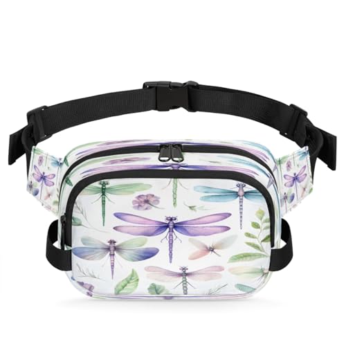 Dragonflies Watercolour Waterproof Fanny Pack for Women Men Adjustable Waist Bag with Double Zipper Pockets Lightweight Square Hip Pack for Running Travel Hiking Workout Cycling
