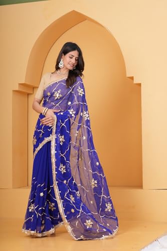 Image of Embroidered Net Saree with Blouse for Women | Royal Blue Saree with Floral Gota Patti Work | Festive Ethnic Saree | Traditional Ethnic Wear