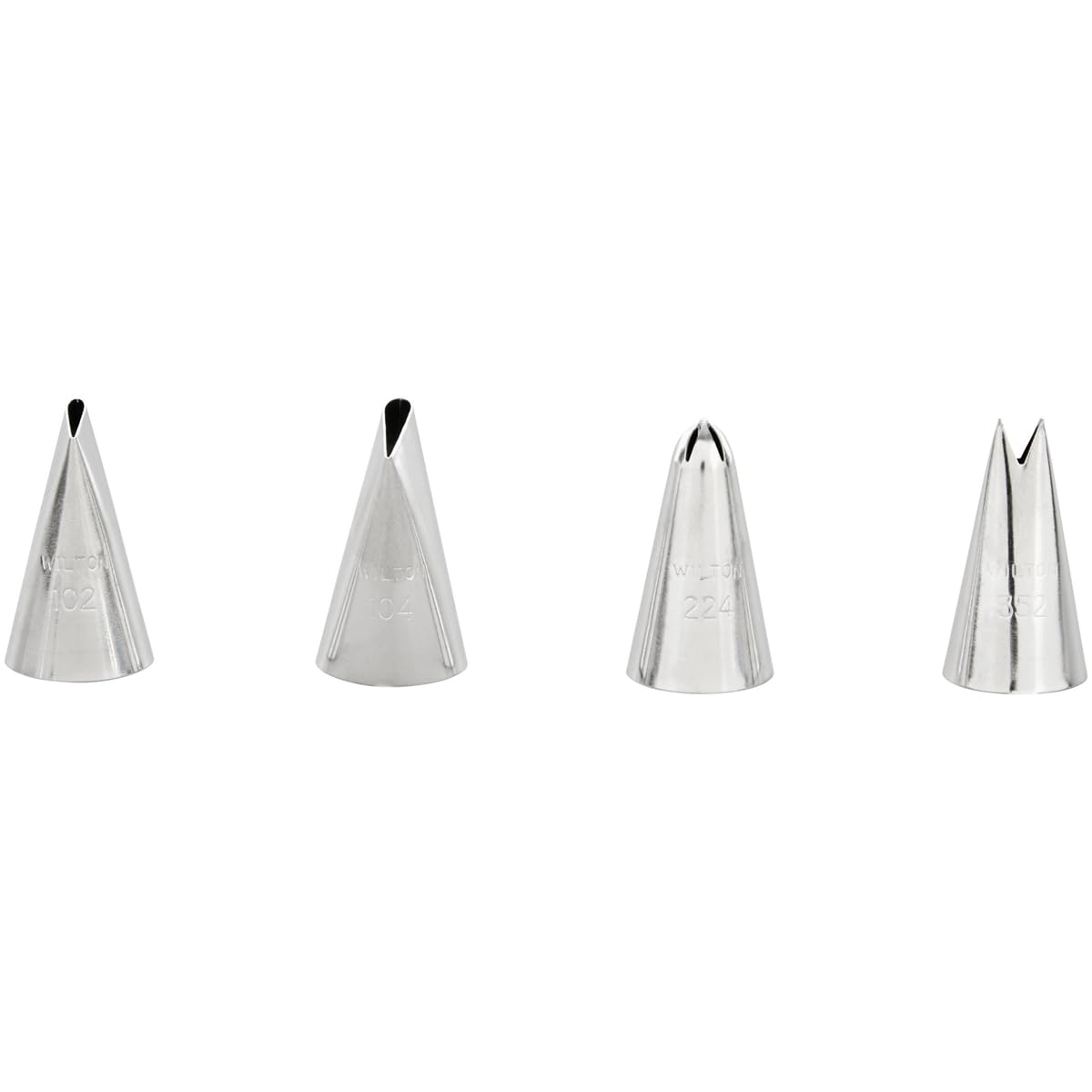 Wilton Decorating Tip Set Flower 102, 104, 224 and 352-4-Piece Metal Piping Nozzle Set for Petals, Ruffles, Dropflowers and Leaves, Fits Standard Bags and Couplers - Set/4