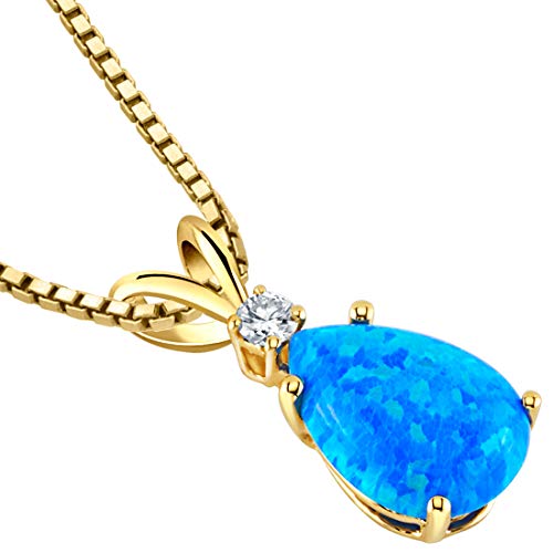 Peora 14K Yellow Gold Created Blue Opal with Genuine Diamond Pendant, Elegant Teardrop Solitaire, Pear Shape, 10x7mm, 1 Carat total - Image 4