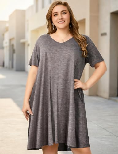 Image of OVERWORETY Womens Short Sleeve Plus Size T-Shirt Dress V Neck Casual Loose Swing A-Line Summer Tunic Dresses with Pockets
