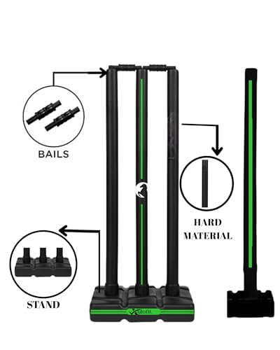 Image of Heavy Cricket Stumps | Wickets Set with 4 Stumps + 2 Bails + 2 Stands | Full Size Plastic Wickets for Cricket Ground, Tournament Wicket. (Black-Green)