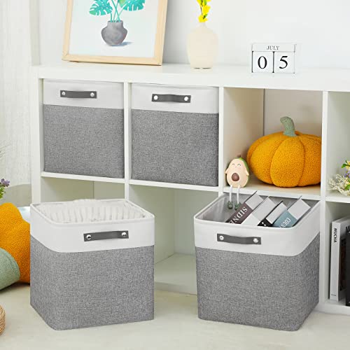 Evancolin Fabric Cube Baskets For Nursery, Shelves, Organizing, 13X13X13 Storage Cube Bins For Home, Office, Bedroom, Closet,Canvas Fabric Cube Basket With Leather Handles(White&Grey,4-Pack) #TOP6